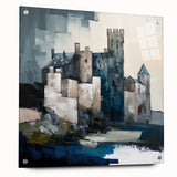 Abstract architectural wall art displayed in acrylic glass, showcasing a sleek side view with metallic pins, perfect for modern interior decor.