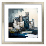 Abstract architectural wall art framed with a silver mat, showcasing geometric shapes and lines in a modern design, perfect for contemporary home decor.