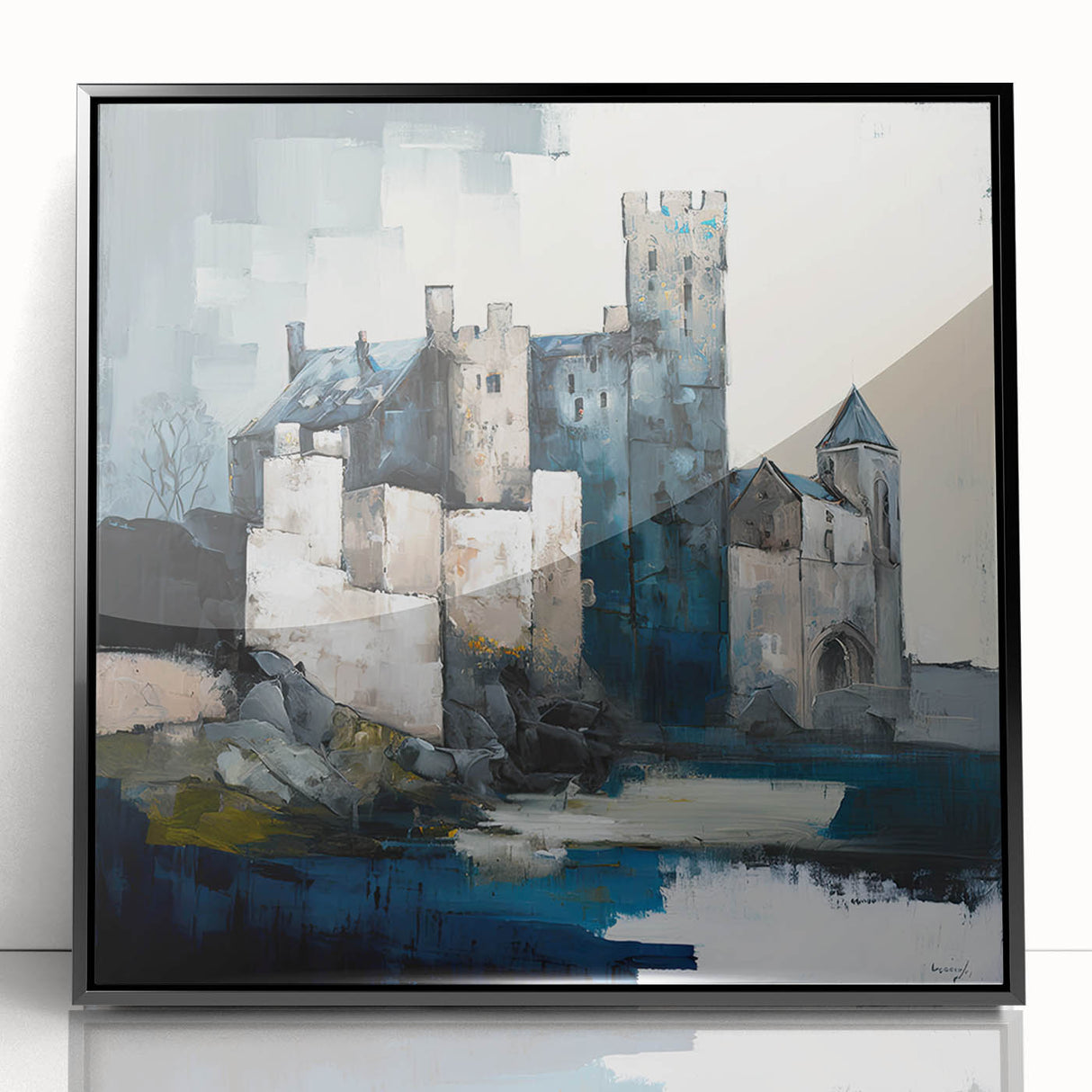 Framed abstract architecture wall art featuring geometric shapes in black and white, set against a sleek acrylic background, perfect for modern decor.
