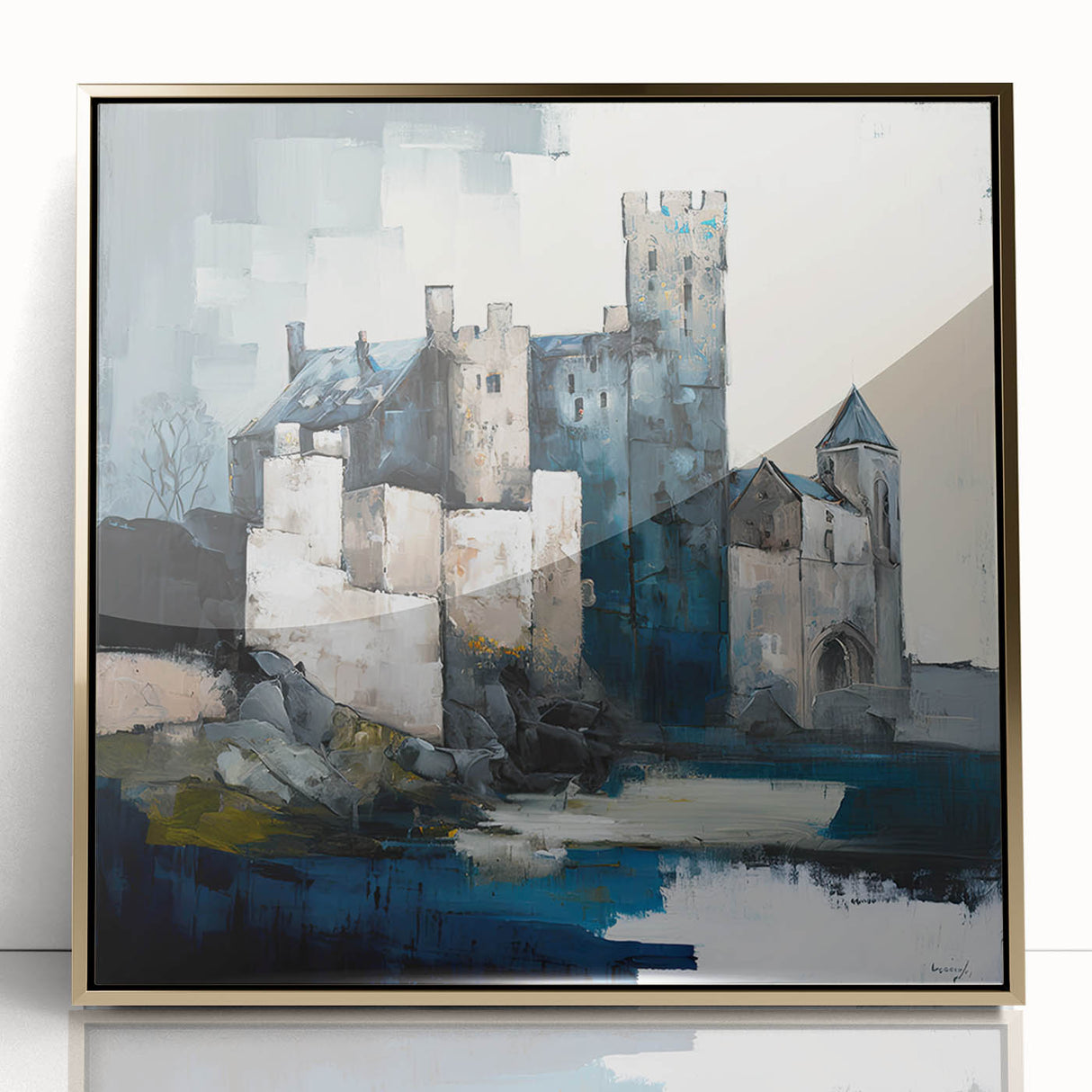 Framed abstract architecture wall art showcasing gold accents and a contemporary design, perfect for modern home decor and artistic interiors.
