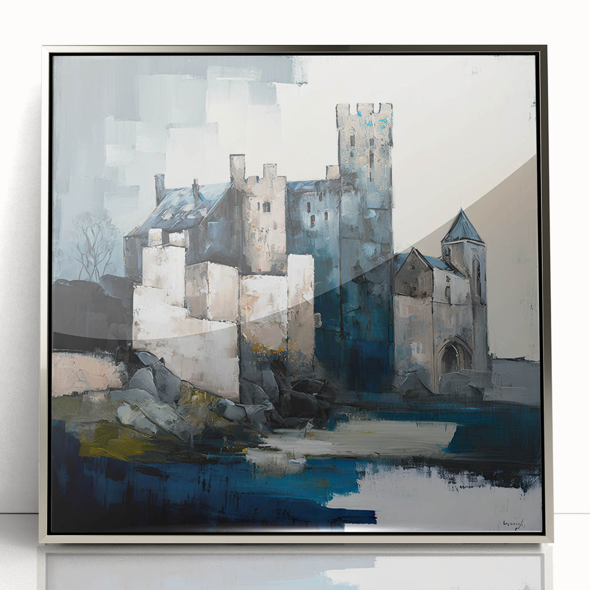 Framed abstract architecture wall art in silver acrylic, showcasing geometric shapes and modern design to enhance contemporary interior decor.
