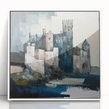 Framed abstract architecture wall art showcasing a modern design in white and gray tones, ideal for contemporary decor. Features a sleek acrylic finish that enhances its visual appeal.