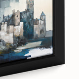 Abstract architectural wall art featuring geometric shapes and soft pastel colors, elegantly framed on canvas, enhancing modern interior decor.