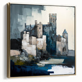 Framed canvas wall art showcasing an abstract architectural design in silver and gold tones, set against a neutral background, perfect for modern home decor.