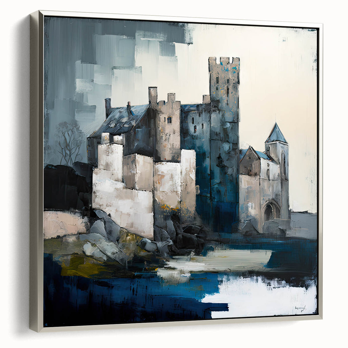 Framed abstract architecture wall art in silver, showcasing geometric shapes and lines, adding a modern touch to interior decor. Perfect for contemporary spaces.