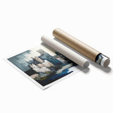 Abstract architecture wall art print featuring geometric shapes in vibrant blue, yellow, and gray tones, elegantly rolled and ready for framing or display.