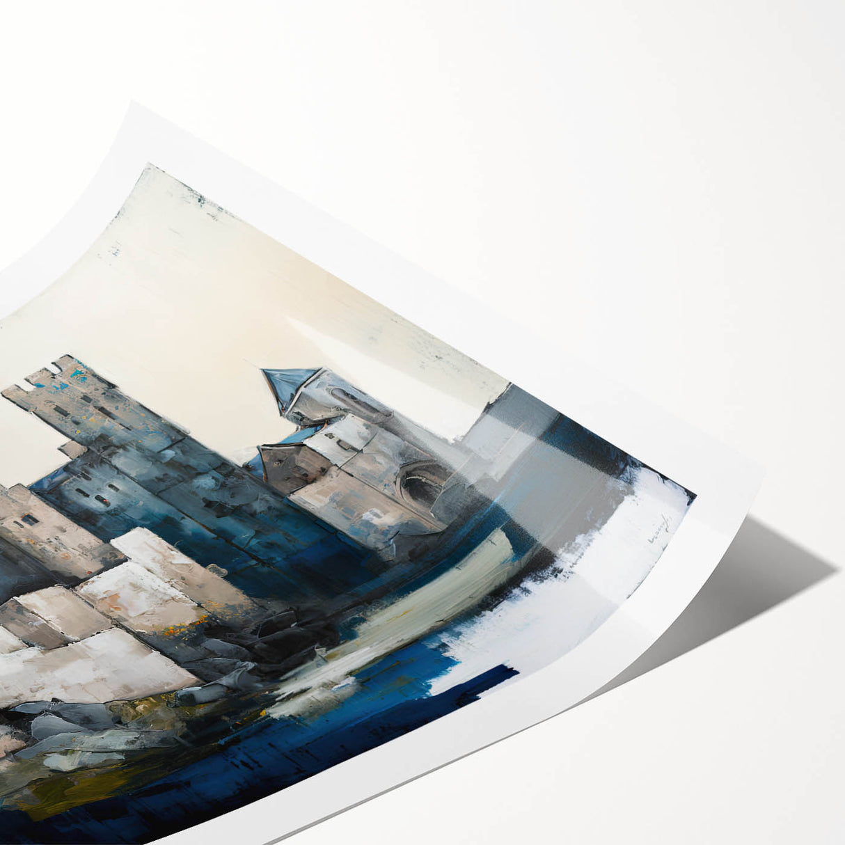 Abstract architecture wall art print showcasing geometric shapes in muted tones of blue, gray, and beige, rolled for easy transport and display.