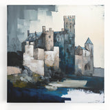 Abstract architecture wall art on stretched canvas, featuring geometric shapes in shades of blue, gray, and white, ideal for modern home decor.