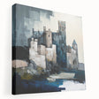 Abstract architectural wall art on stretched canvas, showcasing geometric shapes in muted tones of blue and gray, perfect for modern interior decor.