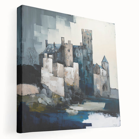 Abstract architectural wall art on stretched canvas, showcasing geometric shapes in muted tones of blue and gray, perfect for modern interior decor.