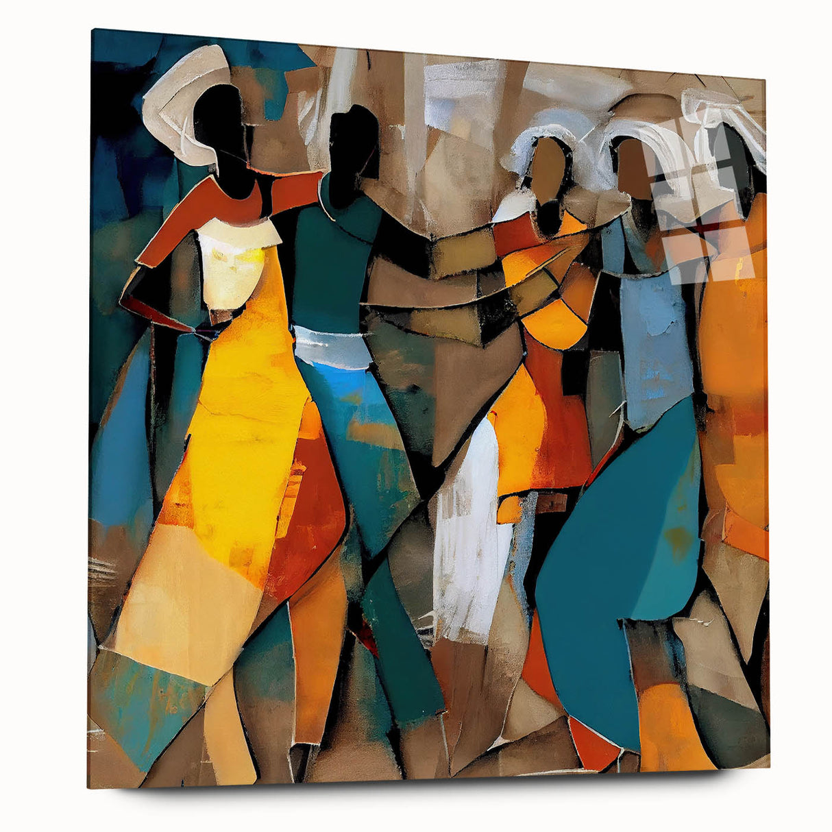 Abstract figurative wall art displayed in an acrylic glass frame, showcasing vibrant colors and dynamic shapes, perfect for modern home decor.
