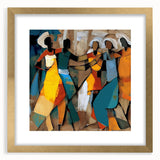 Abstract figurative wall art framed in gold with a mat, showcasing vibrant colors and intricate patterns, perfect for modern home decor enhancement.