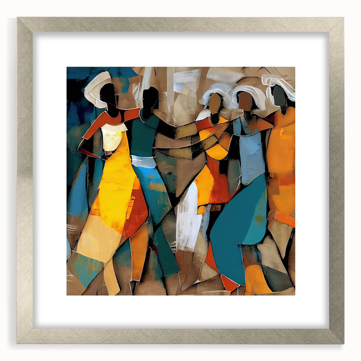 Abstract figurative wall art framed in silver, showcasing vibrant colors and dynamic shapes, perfect for modern home decor or artistic spaces.