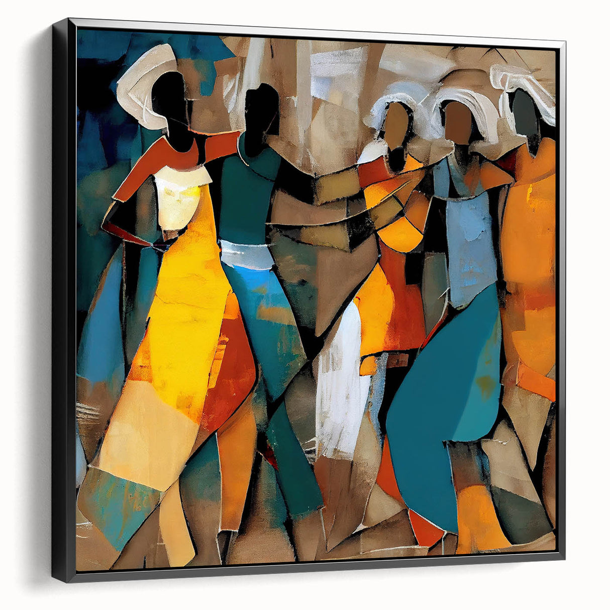 Framed abstract figurative wall art showcasing a dynamic black and white design, displayed in a sleek frame from a side view, perfect for modern decor.