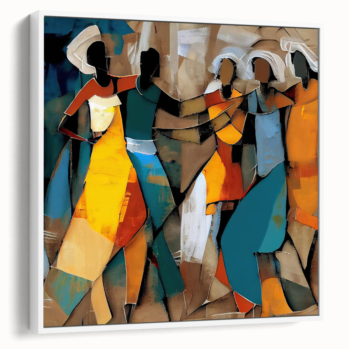 Abstract figurative wall art in a white frame, showcasing vibrant colors and unique shapes, perfect for modern home decor. Side view highlights the canvas texture and framing details.