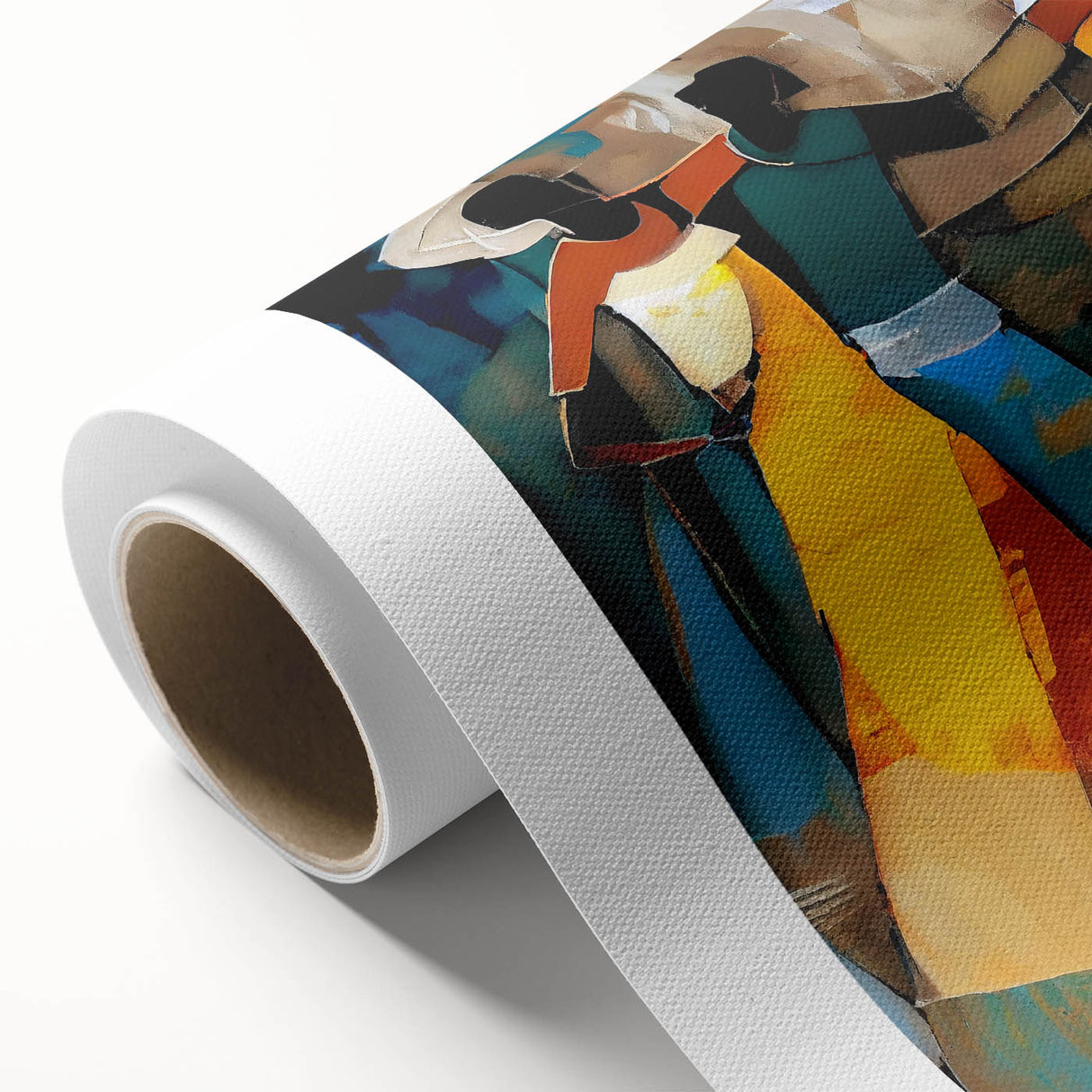 Abstract figurative wall art on rolled canvas showcasing vibrant colors and dynamic shapes, perfect for modern home decor, elegantly packaged in a protective cardboard tube.