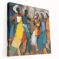 Abstract figurative wall art on stretched canvas showcasing vibrant colors and bold shapes, designed to enhance modern interiors with a unique artistic flair.
