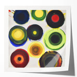 Abstract geometric photo print mockup set featuring glossy finished designs in vibrant colors, ideal for modern decor. Includes various angles showcasing the intricate patterns and textures, perfect for showcasing artwork in a contemporary setting.