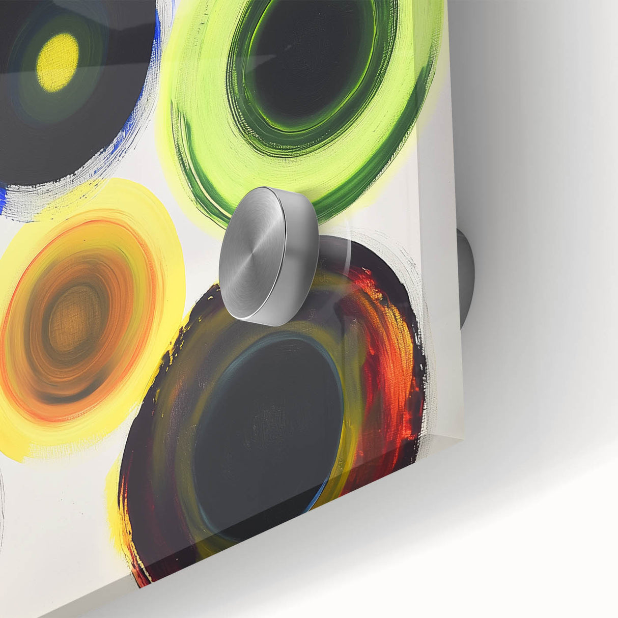 Close-up of a vibrant abstract geometric acrylic glass design showcasing bold colors and intricate patterns, perfect for modern home decor and artistic expression.