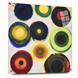 Abstract geometric acrylic glass artwork showcasing vibrant colors and intricate designs, viewed from the side with visible mounting pins, ideal for modern decor.