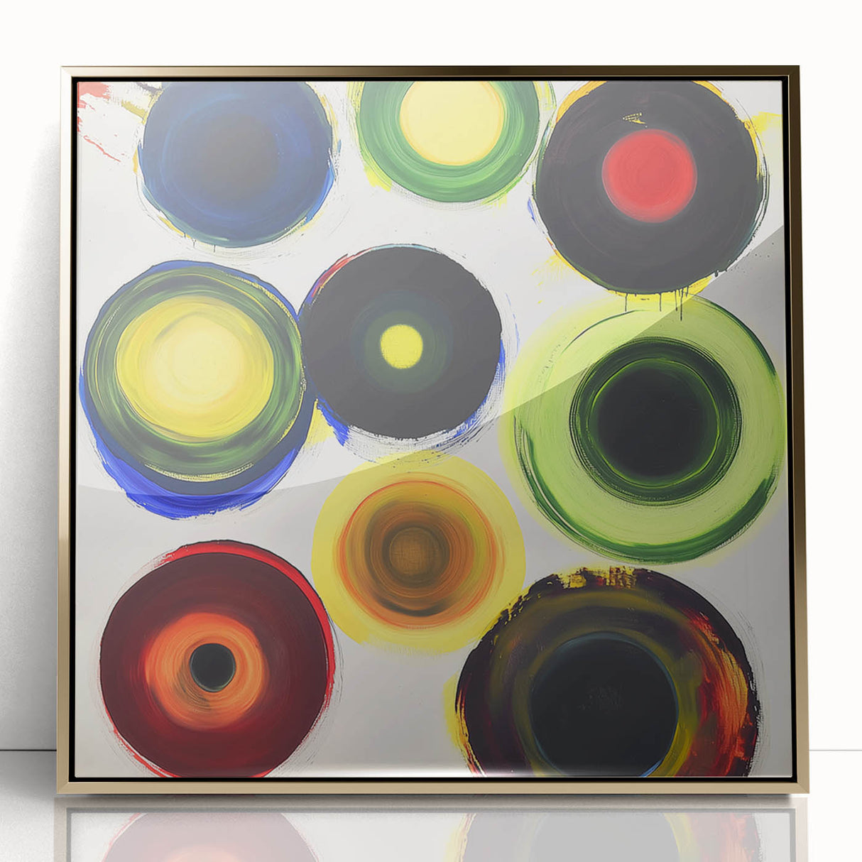Abstract geometric acrylic wall art in a gold frame, showcasing intricate shapes and vibrant colors, perfect for modern home decor. Ideal for adding a touch of elegance and sophistication to any room.