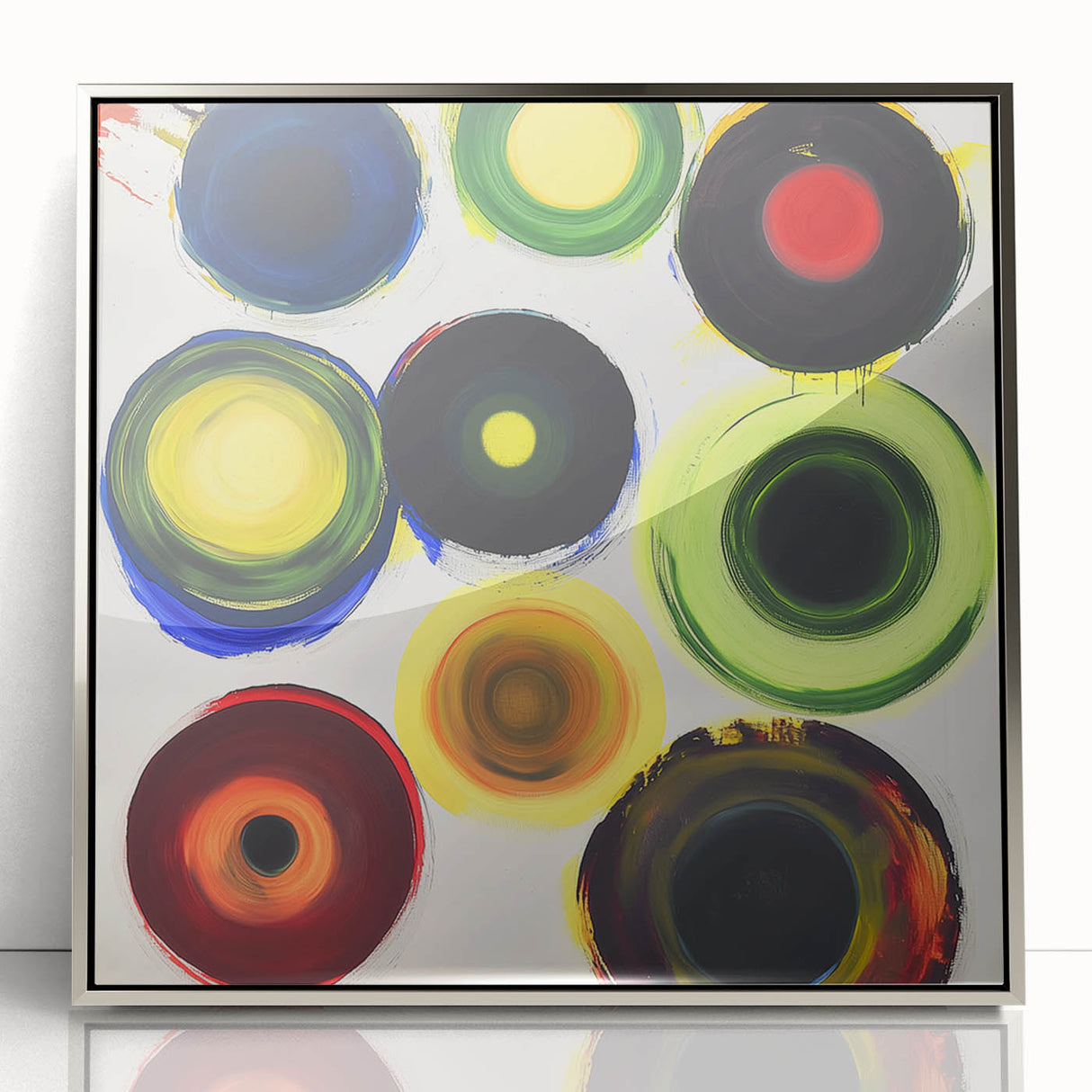 Framed acrylic artwork showcasing an abstract geometric design in silver tones, set against a sleek modern backdrop, ideal for contemporary home decor.