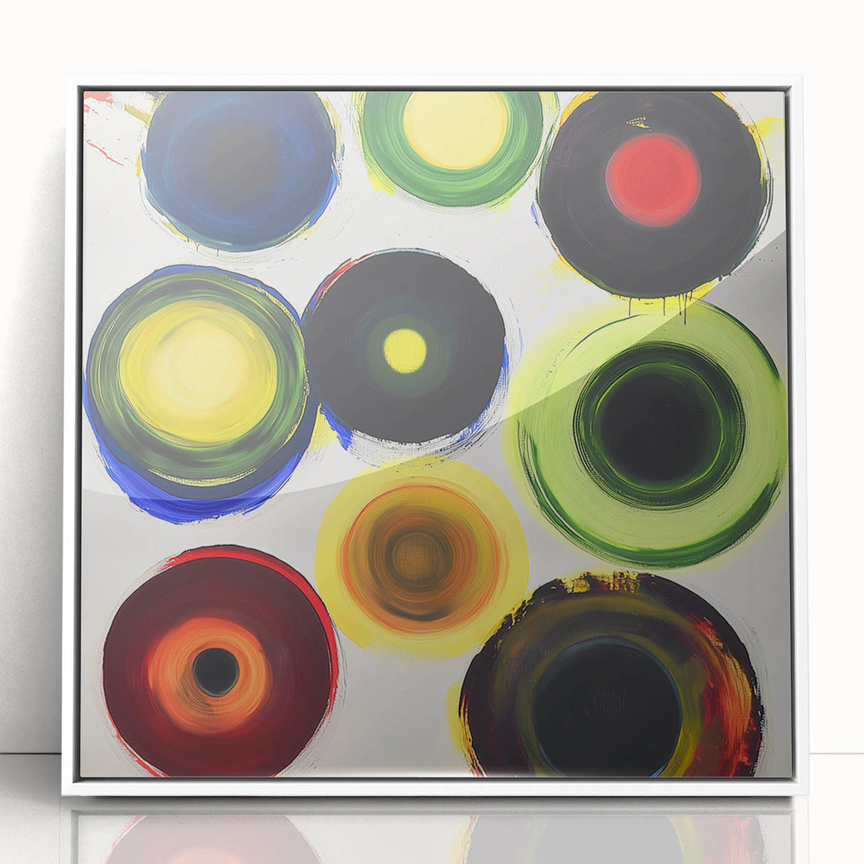Abstract geometric framed acrylic artwork featuring a white background with intricate patterns in shades of blue and orange, ideal for modern decor and enhancing interior aesthetics.