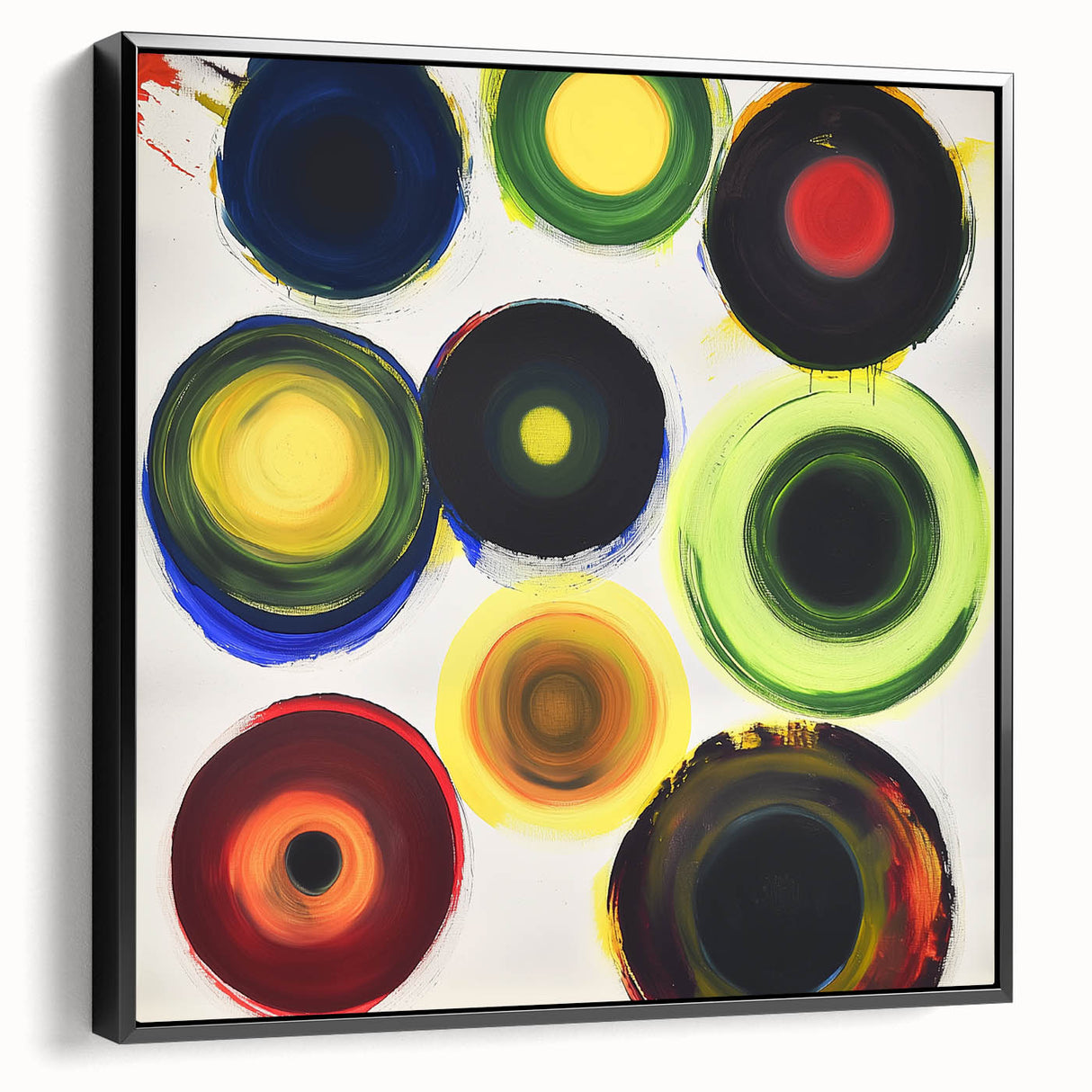 Abstract geometric framed canvas art in black, showcasing intricate shapes and patterns, ideal for modern home decor. Side view highlighting the frame's sleek design and texture, perfect for adding elegance to any room.