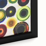 Close-up of an abstract geometric framed canvas art piece showcasing vibrant colors and intricate patterns, ideal for contemporary home decor or modern art collections.