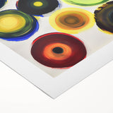 Abstract geometric rolled canvas artwork showcasing vibrant colors and intricate patterns, perfect for contemporary home decor, presented in a protective tube.
