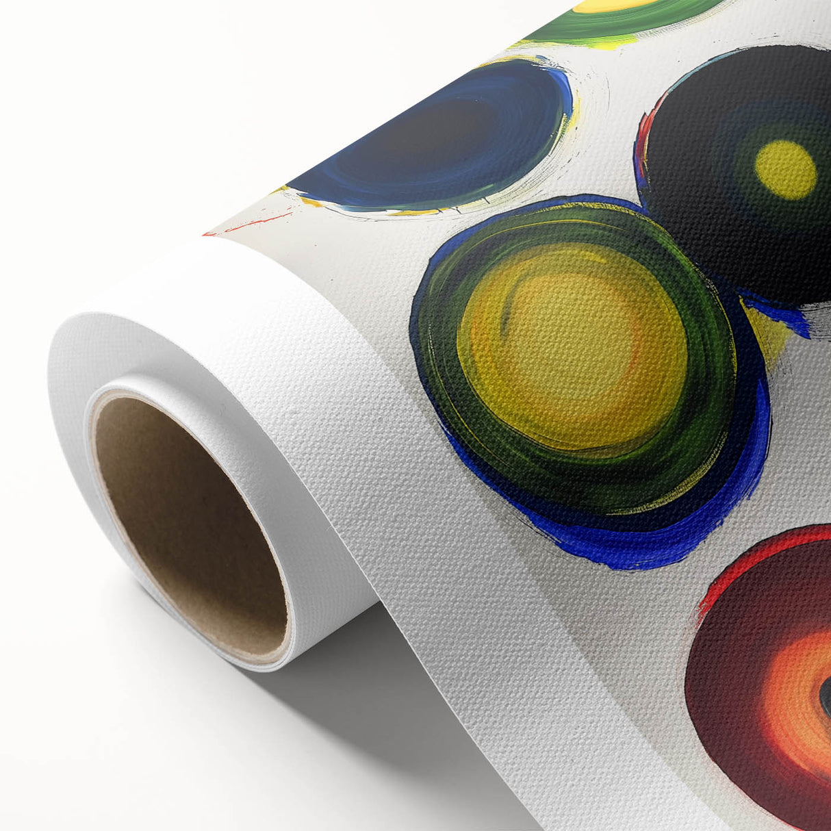 Abstract geometric design on rolled canvas showcasing vibrant colors and intricate patterns, ideal for modern home decor, presented in a protective cardboard tube.
