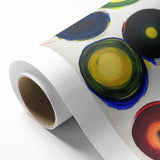 Abstract geometric design on rolled canvas showcasing vibrant colors and intricate patterns, ideal for modern home decor, presented in a protective cardboard tube.