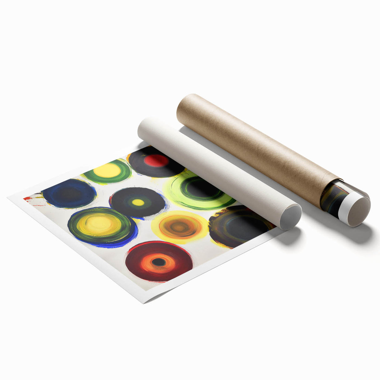 Abstract geometric rolled print showcasing vibrant blue, yellow, and pink shapes against a textured background, elegantly packaged in a durable cardboard tube for safe shipping. This modern artwork adds a stylish touch to contemporary home decor.