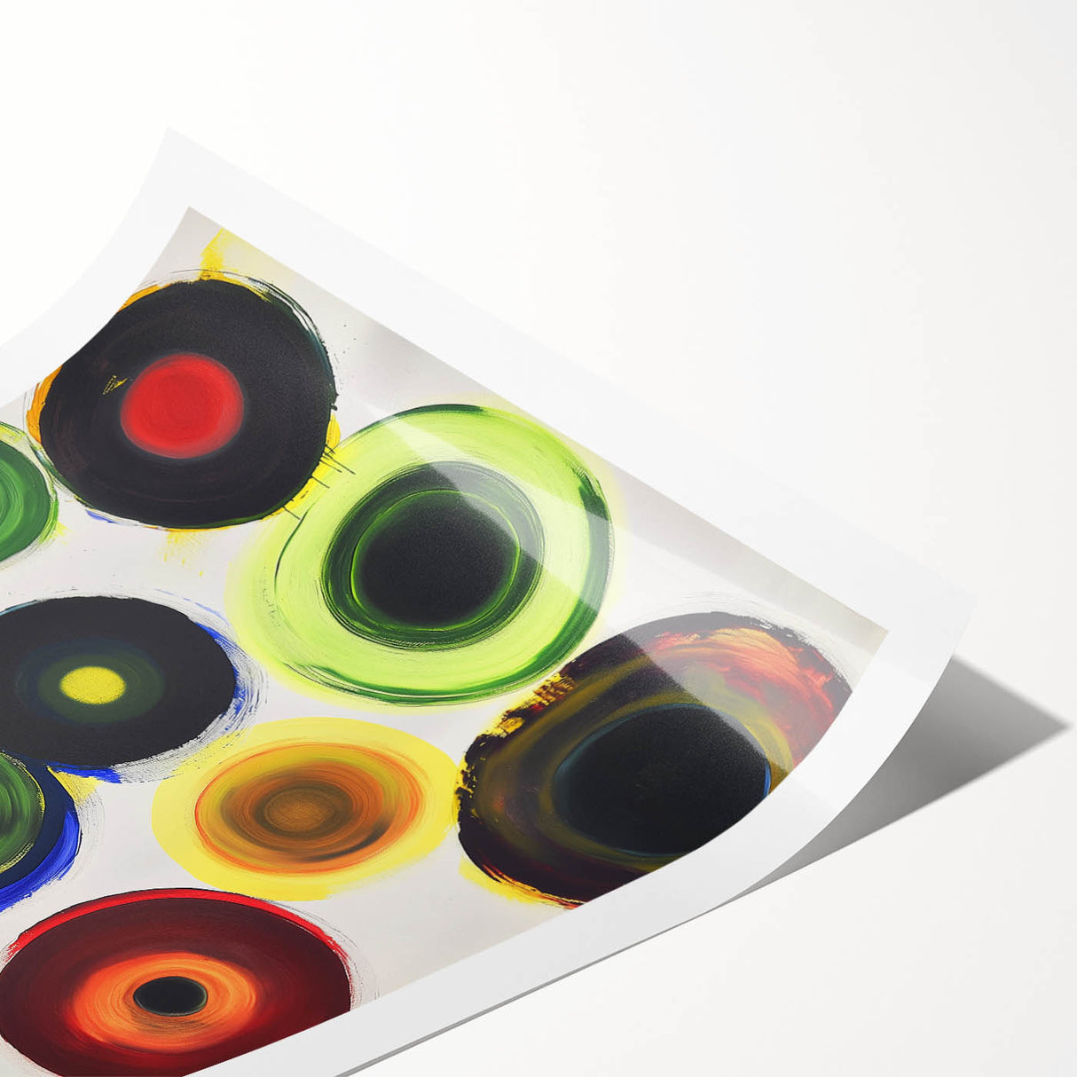 Abstract geometric rolled print showcasing vibrant blue, orange, and yellow patterns, elegantly packaged in a protective cardboard tube for safe transport.