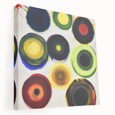 Stretched canvas artwork showcasing an abstract geometric design in vibrant colors, viewed from the side, perfect for modern home decor and interior styling.