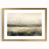 Abstract landscape wall art featuring soft earth tones and a gold frame, showcasing a serene nature scene with layered textures, ideal for modern decor.