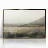 Framed acrylic wall art showcasing an abstract landscape with gold accents, designed to enhance modern decor, ideal for living rooms and offices.