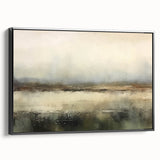 Framed canvas wall art featuring an abstract landscape design in soothing earth tones, showcased from a black side view, perfect for modern home decor.