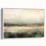 Framed abstract landscape wall art featuring soft pastel colors and textured brush strokes, displayed in a stylish white frame, ideal for modern home decor.