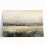 Abstract landscape wall art featuring vibrant hues of blue, green, and gold on a stretched canvas, beautifully leaning against a neutral-toned wall, perfect for modern home decor.