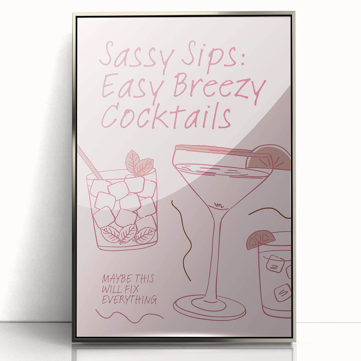 Large art print of a mid-century modernist food and drink motif in a silver framed acrylic.