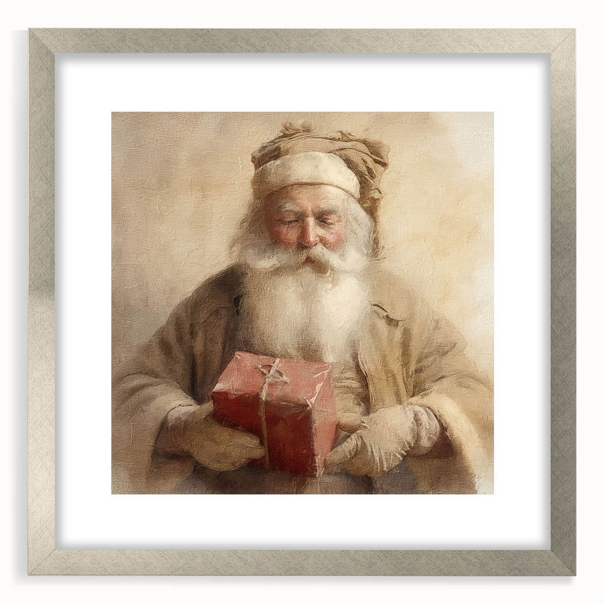 Christmas Framed Art - Santa with Red Gift Holiday Wall Decoration