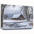 Acrylic glass print depicting a vibrant landscape of a rustic red barn surrounded by lush green fields, showcasing intricate details and a glossy finish. This side view emphasizes the artwork's depth and color contrast, ideal for rustic home decor.