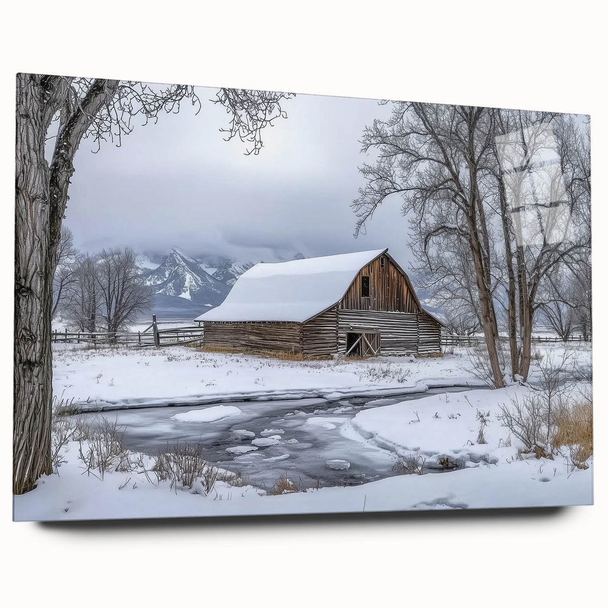 Acrylic glass side view of a barn landscape design, showcasing vibrant colors and intricate details, ideal for home decor or gallery display.