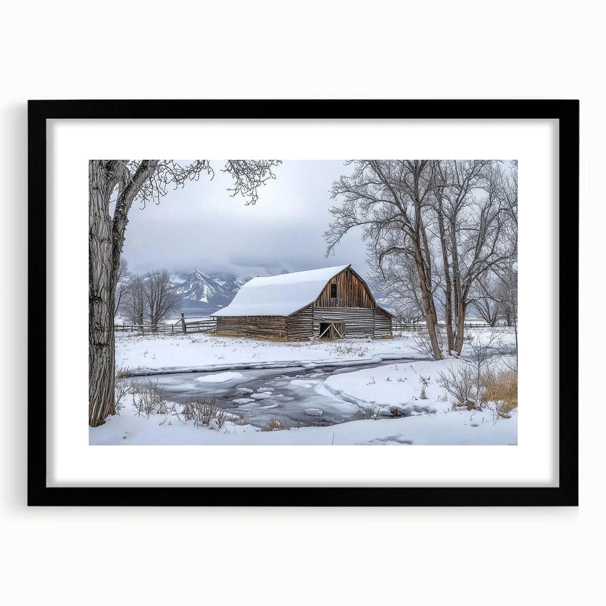 Barn frame design in matte black with a sleek front view, showcasing a modern aesthetic suitable for home decor or gallery display. Ideal for framing artwork or photographs, this stylish frame enhances visual appeal while complementing various interior styles.
