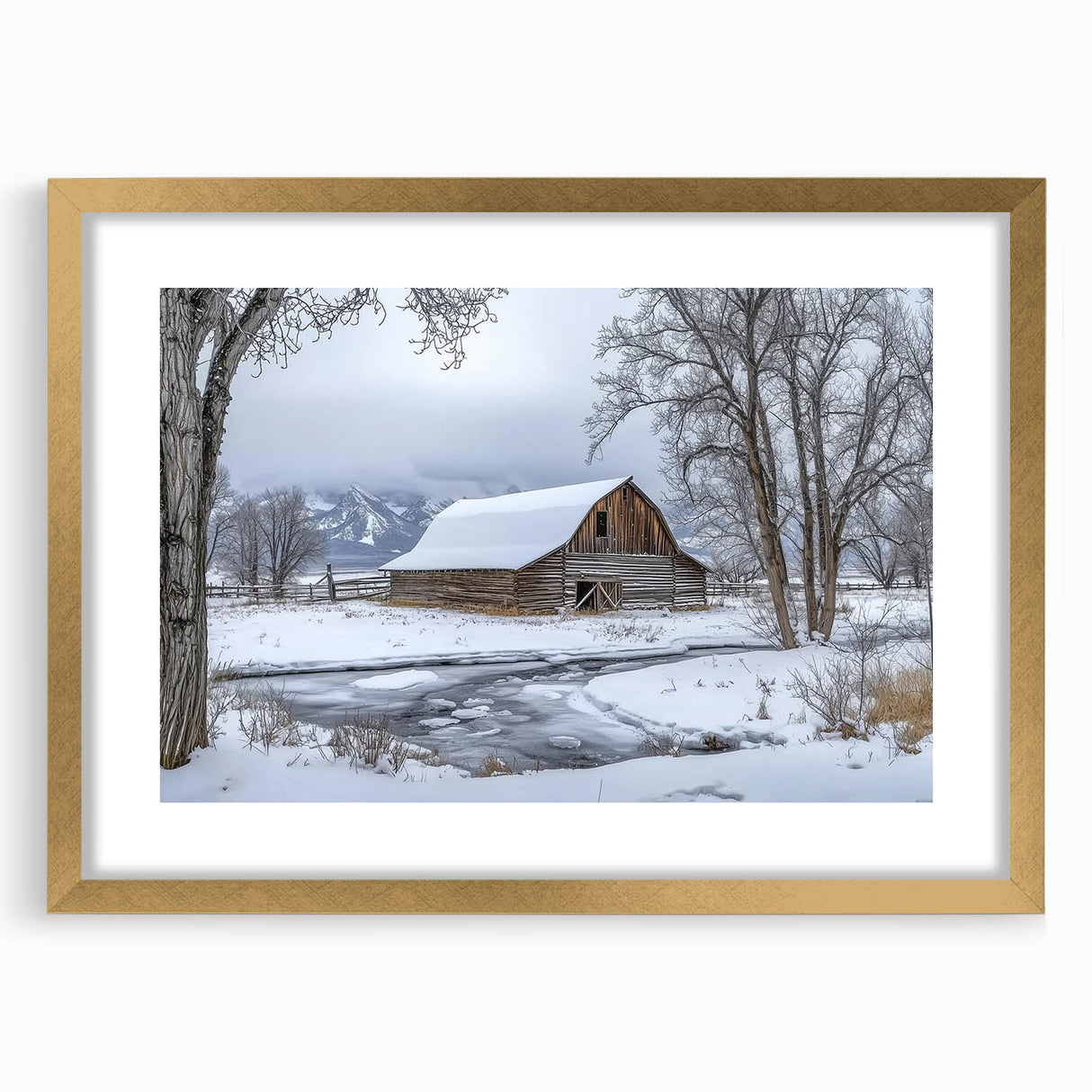 Barn frame artwork in landscape orientation, featuring a gold mat, showcasing a classic design with intricate details, ideal for enhancing home decor.