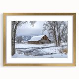 Barn frame artwork in landscape orientation, featuring a gold mat, showcasing a classic design with intricate details, ideal for enhancing home decor.