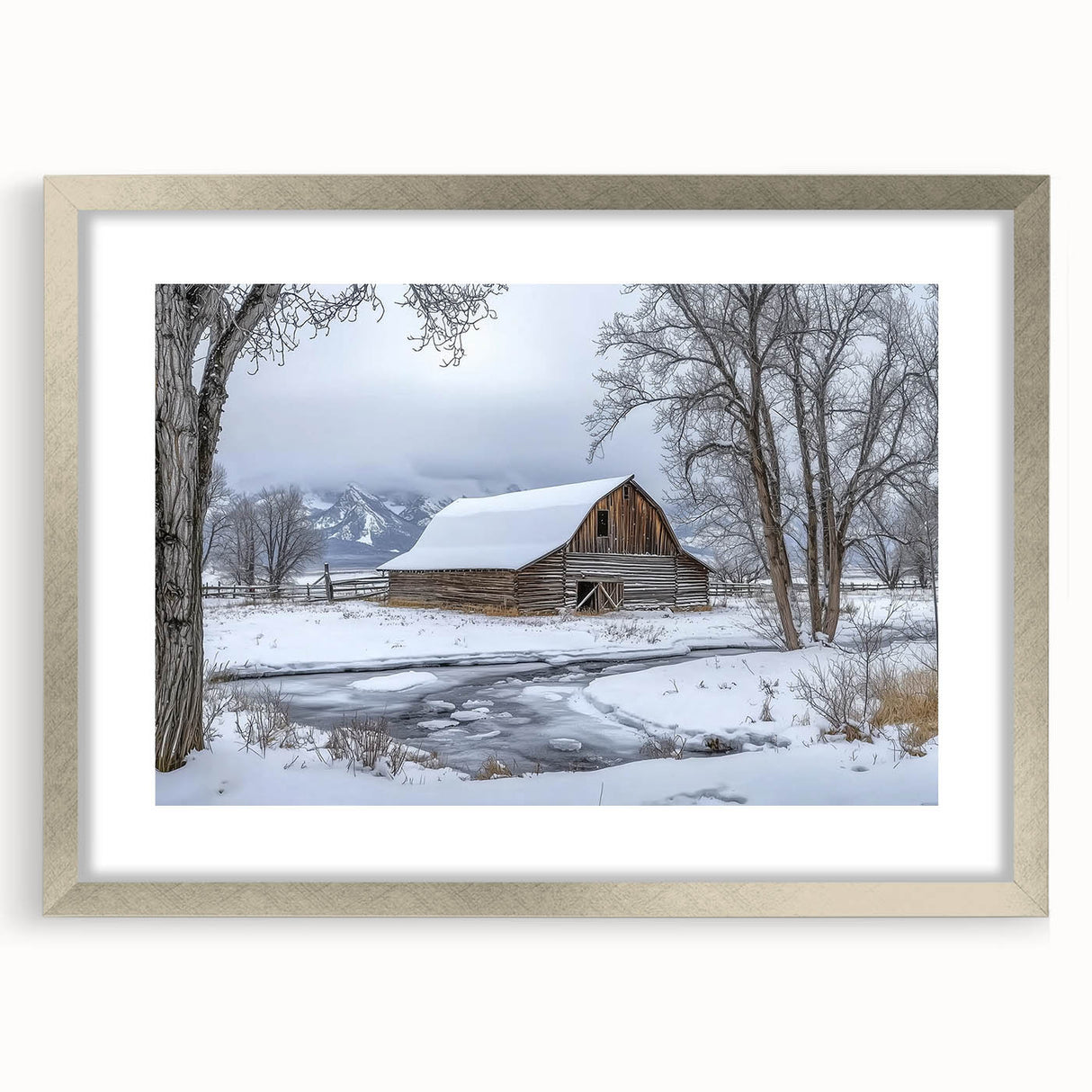 Landscape barn frame with a silver mat showcasing a scenic artwork display, perfect for rustic home decor. Ideal for enhancing interior aesthetics with elegance.