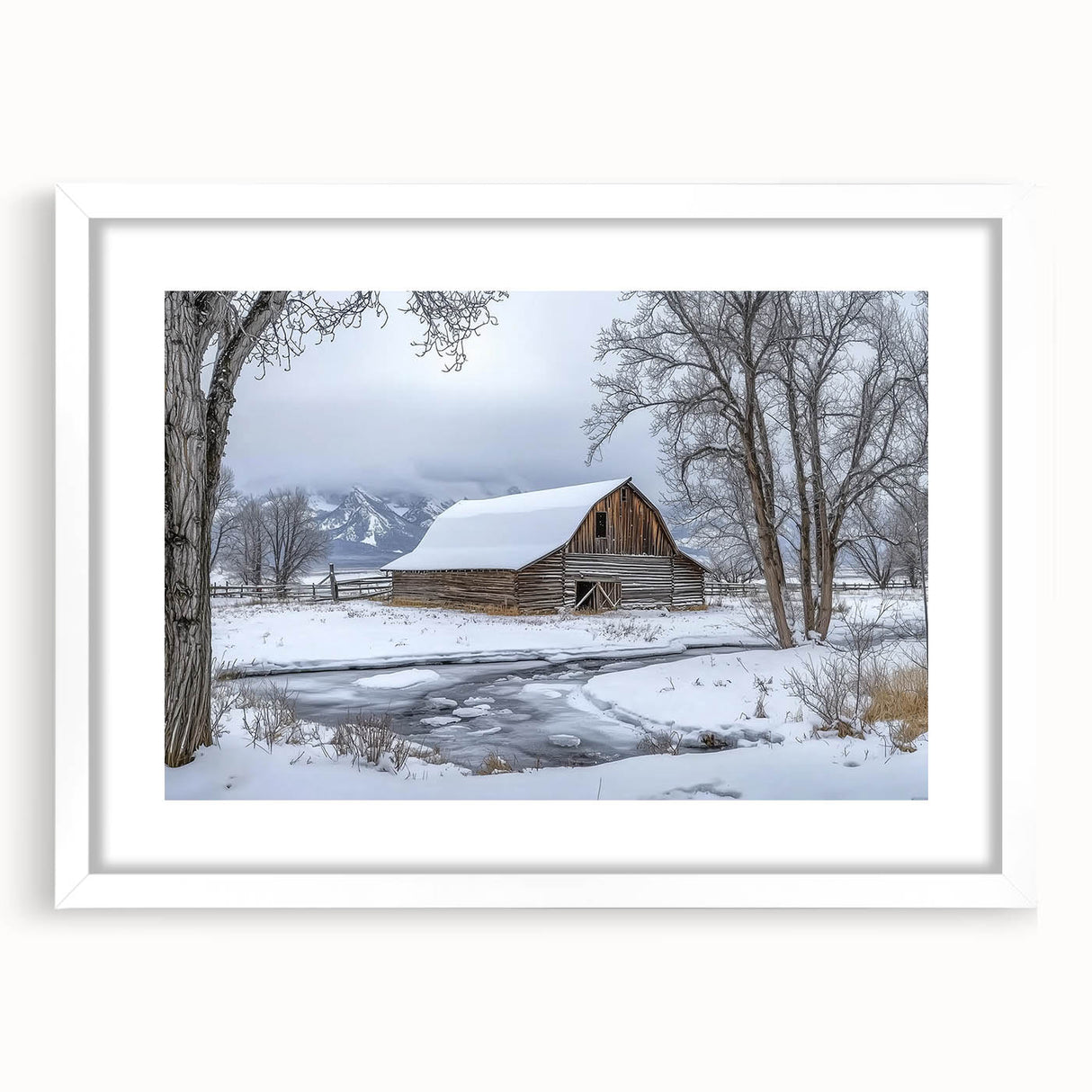 Barn frame with a white mat, featuring a landscape design, displayed from the front view. Ideal for home decor, this elegant frame enhances any artwork.