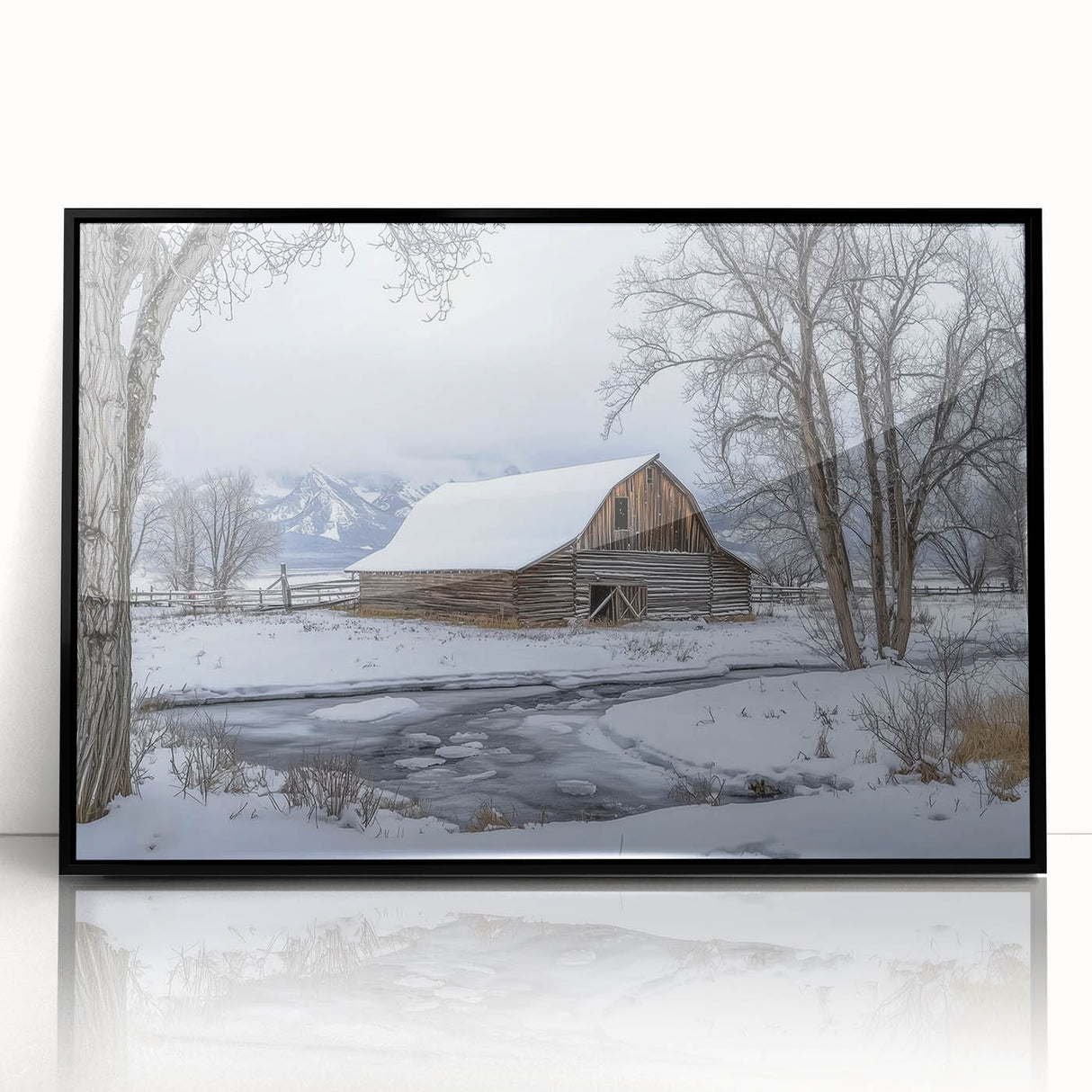 Framed acrylic artwork depicting a serene landscape scene with a rustic barn, showcasing vibrant colors and intricate details, ideal for home decor.